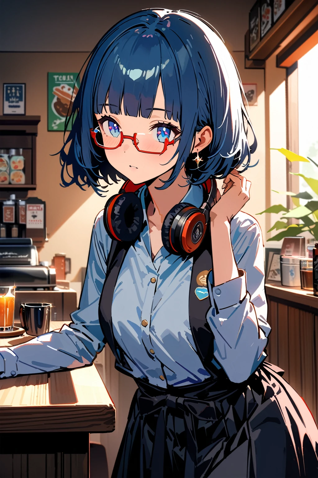 ((top-quality)), ((​masterpiece)), ((ultra-detailliert)), (extremely detailed fine touch:1.3), (2D:1.3), solo, 1girl, waitress, (((semi-rimless sparkling eyewear:1.3))), (headphone around neck:1.2), sparkling earrings, bedroom eyes, short hair, messy hair, blunt bangs, traditional hakama, extremely detailed retro coffee shop,
