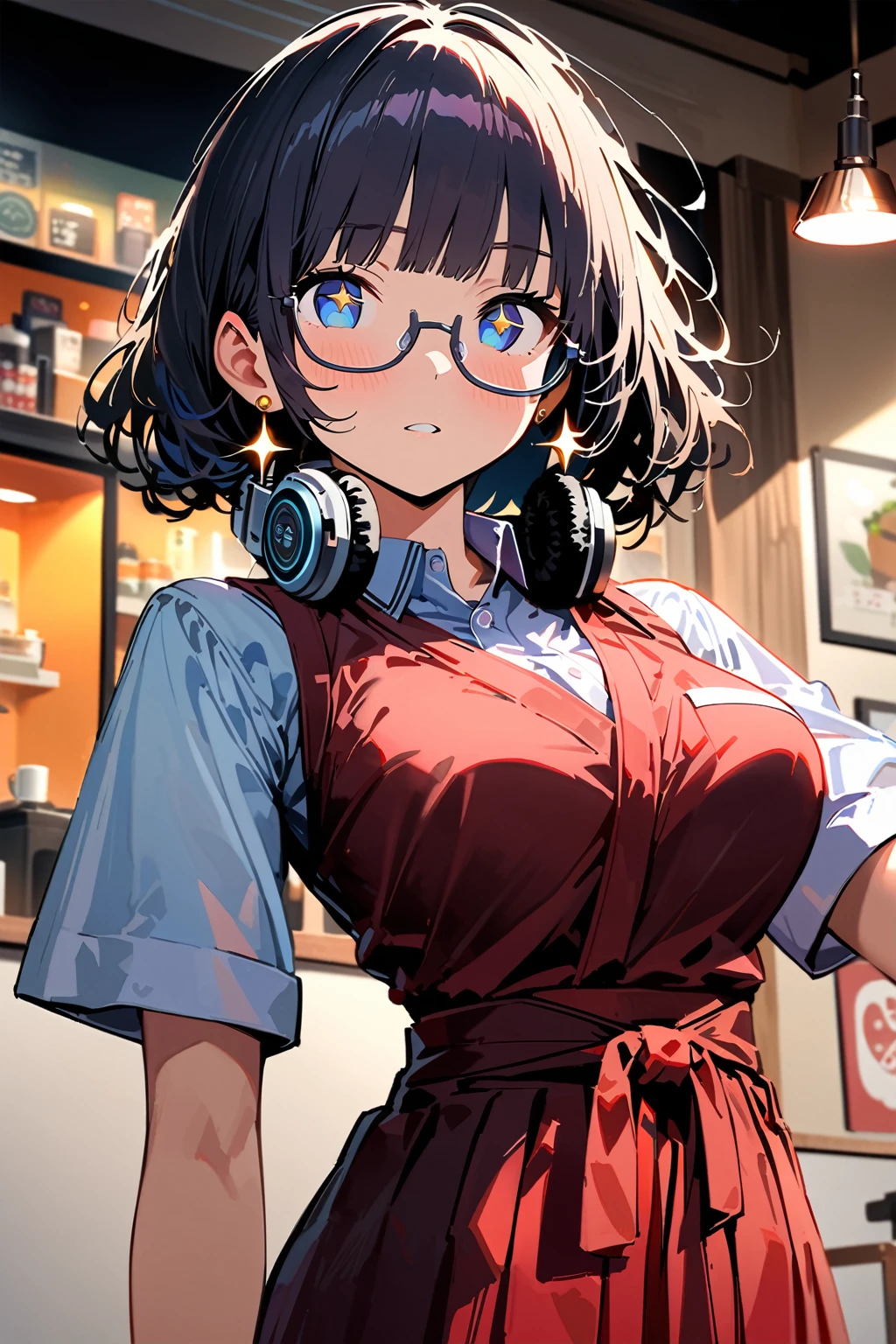 ((top-quality)), ((masterpiece)), ((ultra-detailliert)), (extremely detailed fine touch:1.3), (2D:1.3), solo, 1girl, waitress, (((semi-rimless sparkling eyewear:1.3))), (headphone around neck:1.2), sparkling earrings, bedroom eyes, short hair, messy hair, blunt bangs, traditional hakama, extremely detailed retro coffee shop,