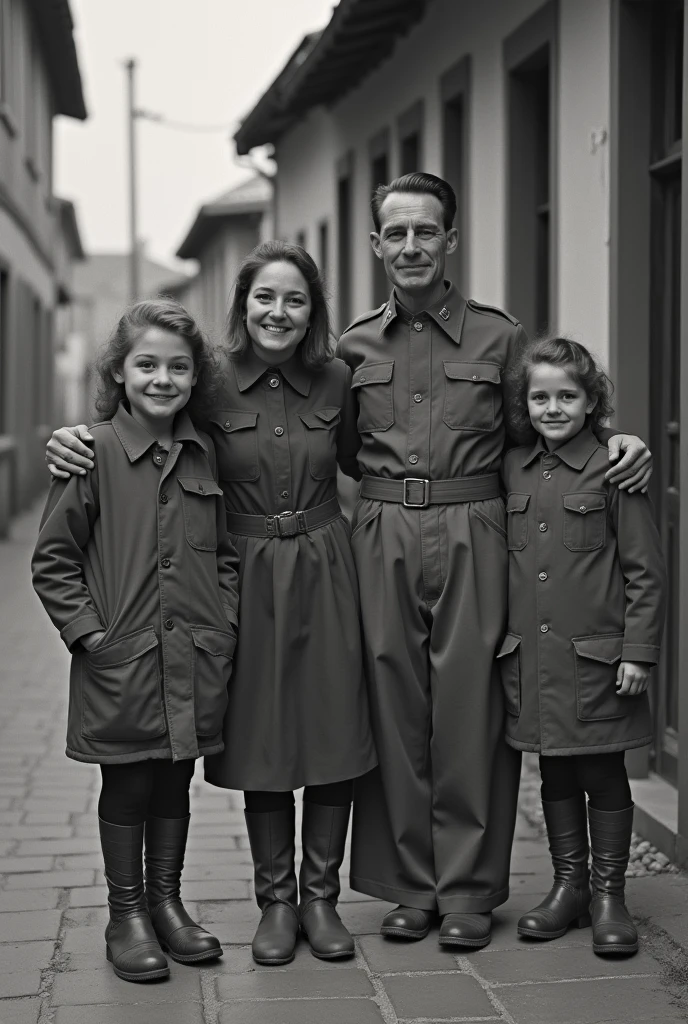 There is a black and white photo of a family, old photograph em preto e branco, antique photo em preto e branco, foto de estilo antigo, Photographic photography, ww2 era photograph, old photograph, antique photo, an old balck and white photo, antique photo em preto e branco, antique photo realista, black and white vintage photo, unknown location, photorrealistic, super high quality, super detaill, ultra-accurate description of hands, master part, 8k, HDR