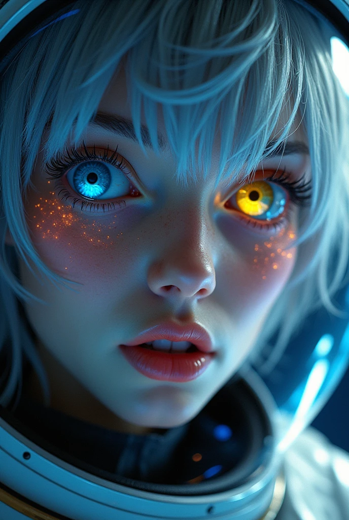 (Close-up of a better masterpiece:1.5)0.9], (Space and astronauts:1.2) (Messy silver hair:1.1) (Heterochromia xanthochromia and blue eyes:1.2) (Space Helmet:1.0) (Colored stars in the eyes:1.0) (A radiant glow:1.1) (thick lips:0.9)