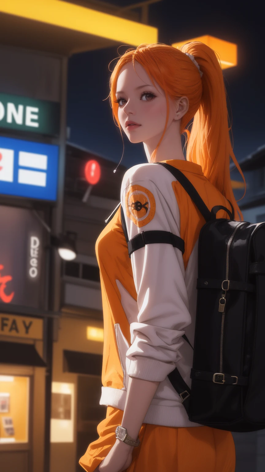 (masterpiece:1.2, best quality), realistic, (real picture, intricate details, depth of field), close up, Edgy girl, dark orange jacket, techwear, camera, backpack, white sneaker, platinum orange hair color, ponytail, dramatic makeup, piecing, sitting outside of a convenience store, looking at the street, outdoor, ((nighttime, dark city)), neon signs, individuality, authenticity, creative expression