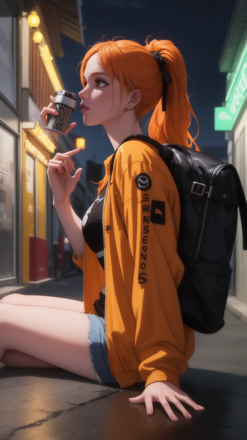 (masterpiece:1.2, best quality), realistic, (real picture, intricate details, depth of field), close up, Edgy girl, dark orange jacket, techwear, camera, backpack, white sneaker, platinum orange hair color, ponytail, dramatic makeup, piecing, sitting outside of a convenience store, looking at the street, outdoor, ((nighttime, dark city)), neon signs, individuality, authenticity, creative expression