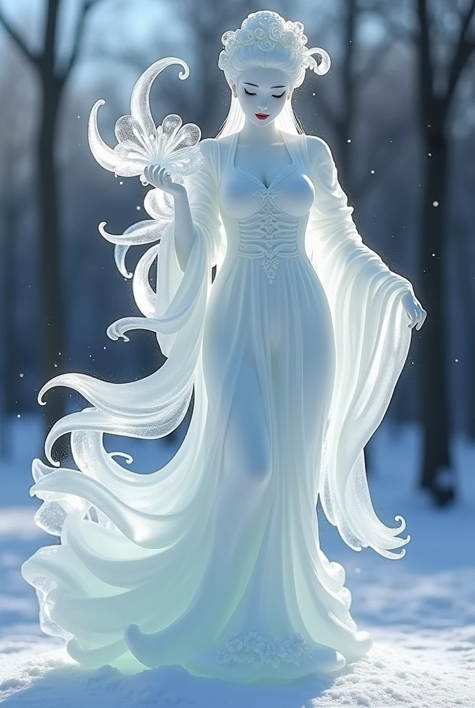 (ice - carving:1.4),Movie Angle,(Fan Bingbing, ice sculpture girl,Anatomically correct,full bodyesbian,Masterpiece ice sculpture camellia,Representative work Hanfu,Smile,sexy,full body arts,traditional arts)