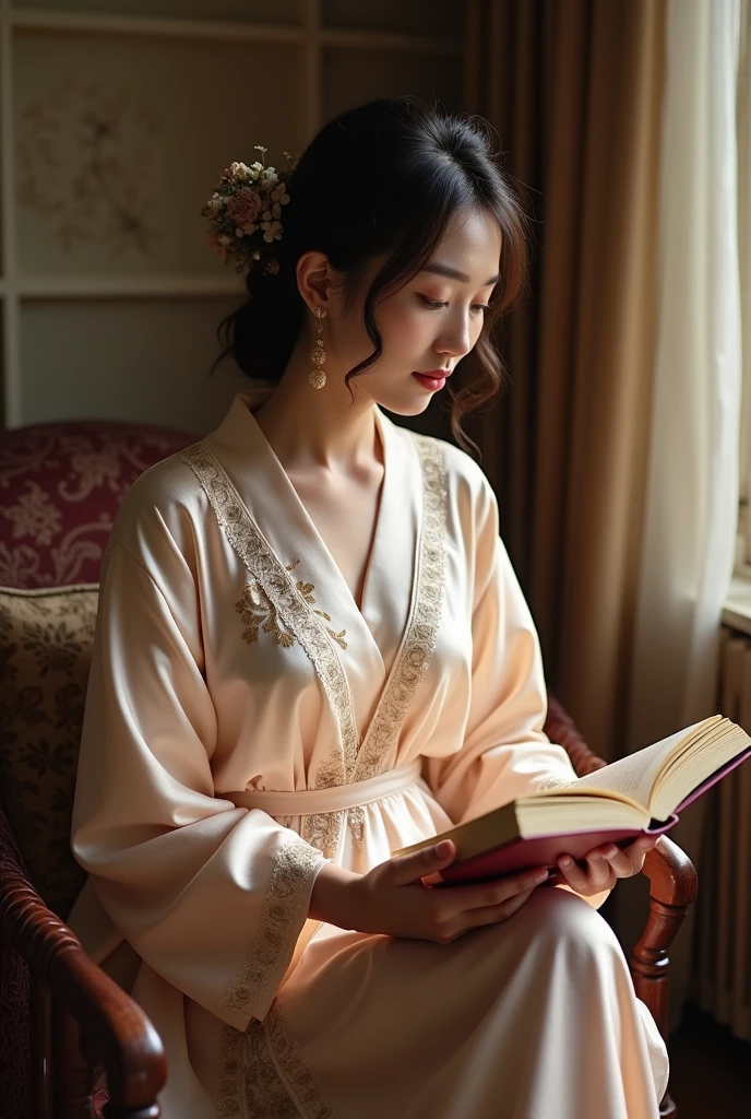 Japanese woman in an elegant home, wearing an embroidered silk nightgown, enjoying a quiet reading time.