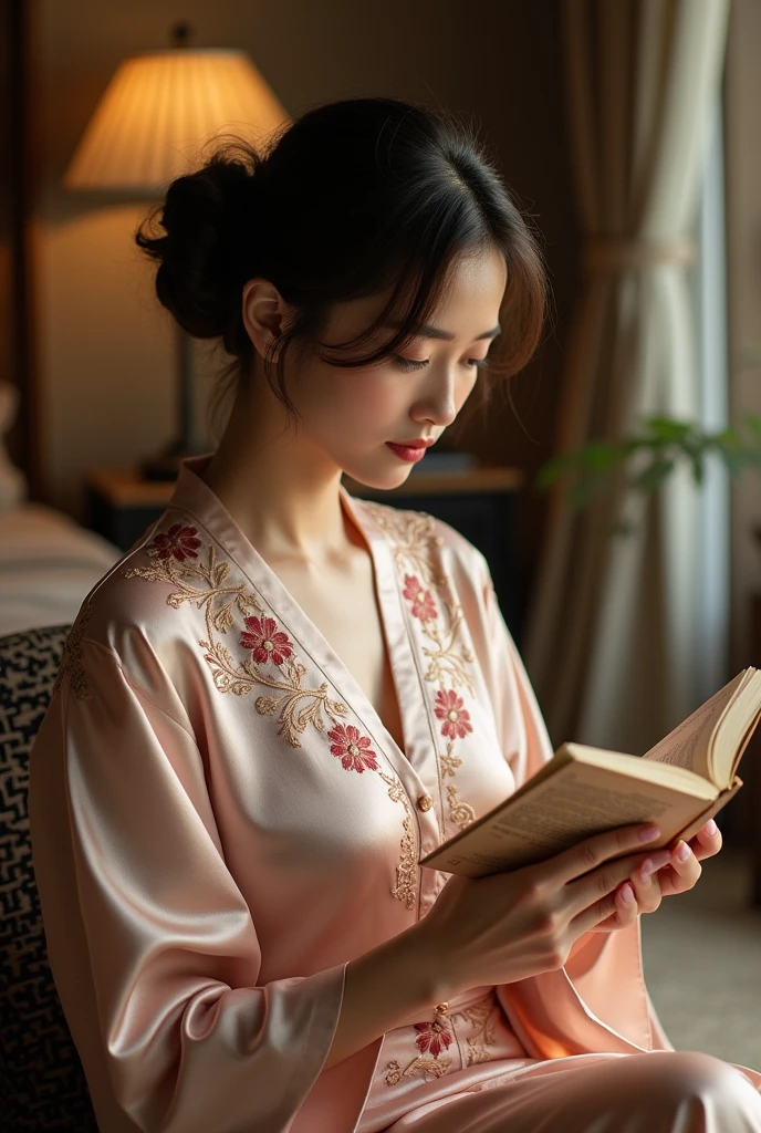 Japanese woman in an elegant home, wearing an embroidered silk nightgown, enjoying a quiet reading time.