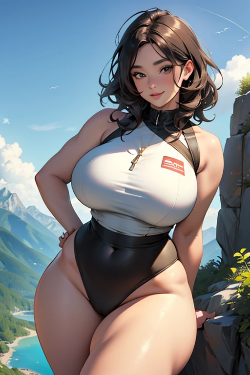 ((Best Quality, 8K, Masterpiece: 1.3)), Chubby woman smile ((best quality)), ((masterpiece)), (detailed), perfect face, USA woman fat , 1 girl, obese body type, big breast size, round face, double chin, Overweight, medium hair ,looking at camera、, thicc, she has a jiggly fat round belly, bbwchan, wearing tight sexy clothes, skinny waist and thick hips, widest hips, her belly is fat and round, soft curvy shape, hyperrealistic full figure, wearing a cute top, wide hips, cropped shoulders,Bare belly,(big assa:0.7),show legs,, thicc, beautiful thick female, beautiful curvy female,, Tall and tall,clear curvy details, curvy hourglass figure, alluring plus sized model, bbwchan, Voluptious body, Curvy model, Curvy body, Be red in the face, 1girll fat , a matural female, A MILF, the golden ratio,(Kpop idol),(Oil skin:1.2),(Oil skin:1.1) background High quality, HD, realistic, HDR. mountain refuge in grey stone, blends into the panoramic view of the mountain, spring landscape (green and flowery), edelweiss, lake