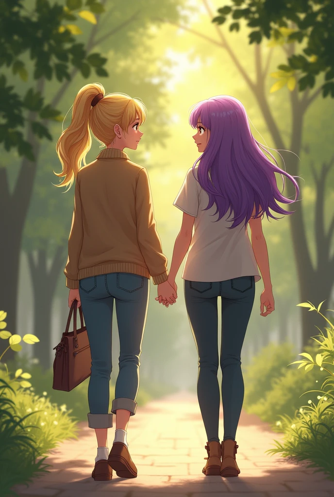Blonde woman with honey colored eyes holding the hand of a woman with purple hair while they are out for a walk