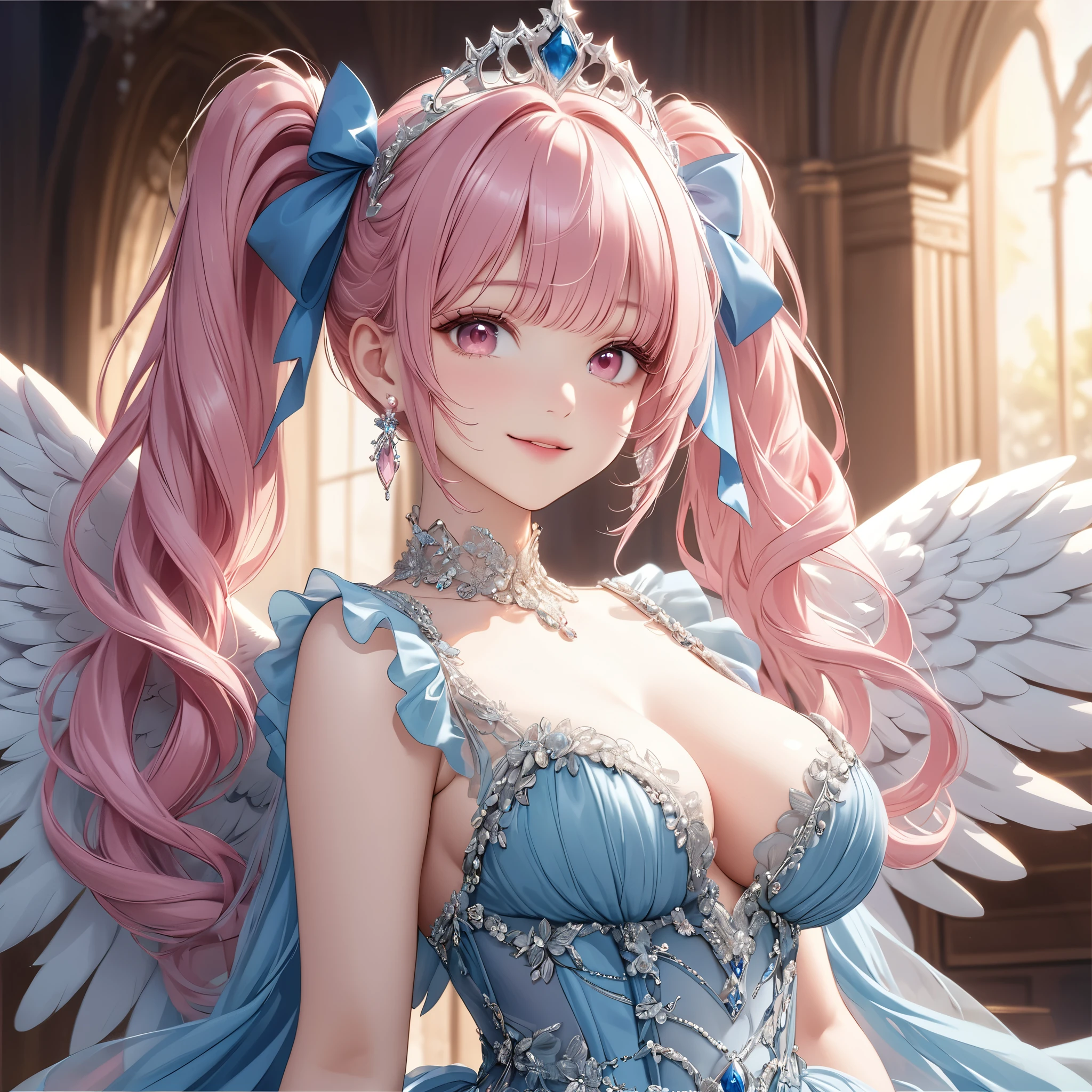 (8k, masutepiece, Best Quality, Official art, beautiful detailed, beautiful lighting, best masterpiece in history that exceeds limits), (1 Girl, solo), (), (beautiful detailed face), (shiny white skin), (Beautiful big bust, cleavage:1.2), (Beautiful detailed pink twintails hair, Bangs:1.3), (beautiful detailed drooping pink eyes:1.5), (Beautiful Luxurious blue Princess Dresses, See-through intricate lace, cute bow ribbon, a lot of see-through frill, sheer chiffon material, silver thread, Diamond, pearl, corset), (Beautiful Luxurious Diamonds Tiara), (happy smile:1.2), breathtaking scenery, (back, Attractive, looking back), (Beautiful fantastic angel wings, halo:1.3)