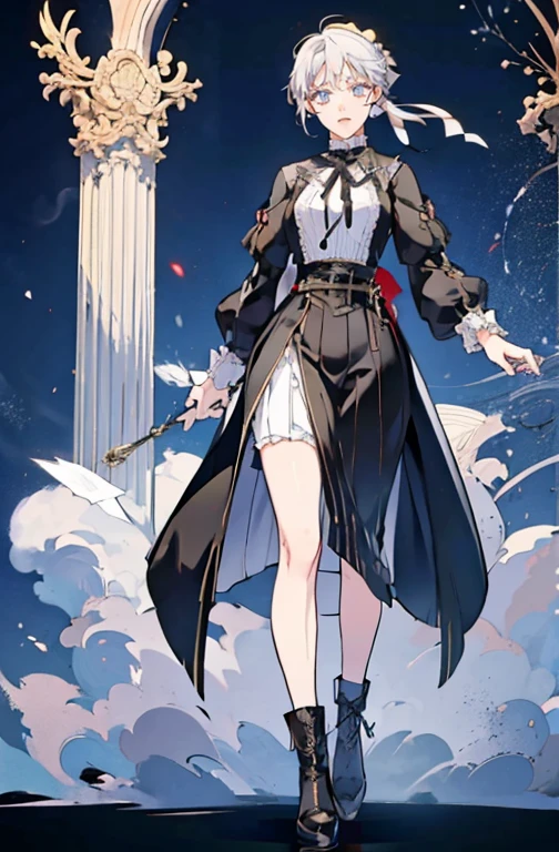 anime - (masterpiece), best quality, seductive eyes, mature face, short straight white hair, black boots, skirt, black ribbon, white coat, full body, tall woman, long legs, adult-like female, 1girl, smug face, victorian era, 
