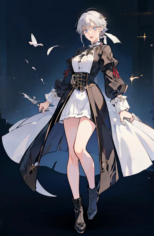 anime - (masterpiece), best quality, seductive eyes, mature face, short straight white hair, black boots, skirt, black ribbon, white coat, full body, tall woman, long legs, adult-like female, 1girl, smug face, victorian era,