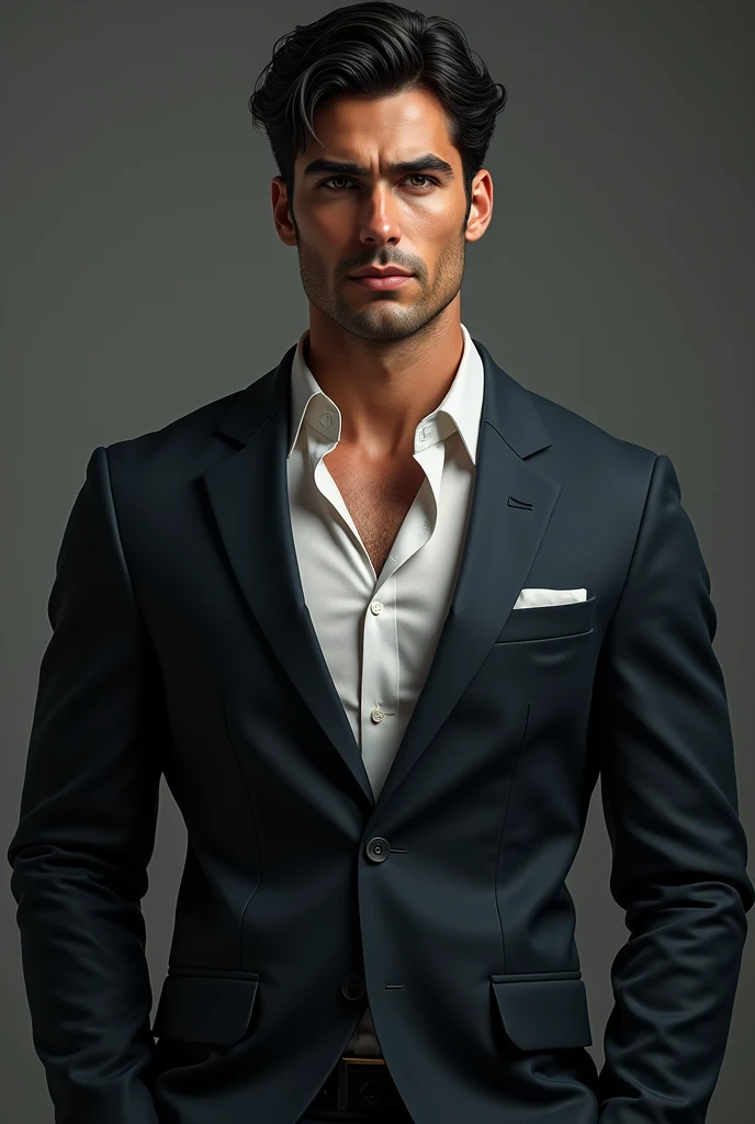 A man whit broad shouldered 27 years old with vainy arms in suit with tall structure, with dark black hair and grey eyes with long leshes and little DNA OF GRECK AND FRENCH AND AMARICAN