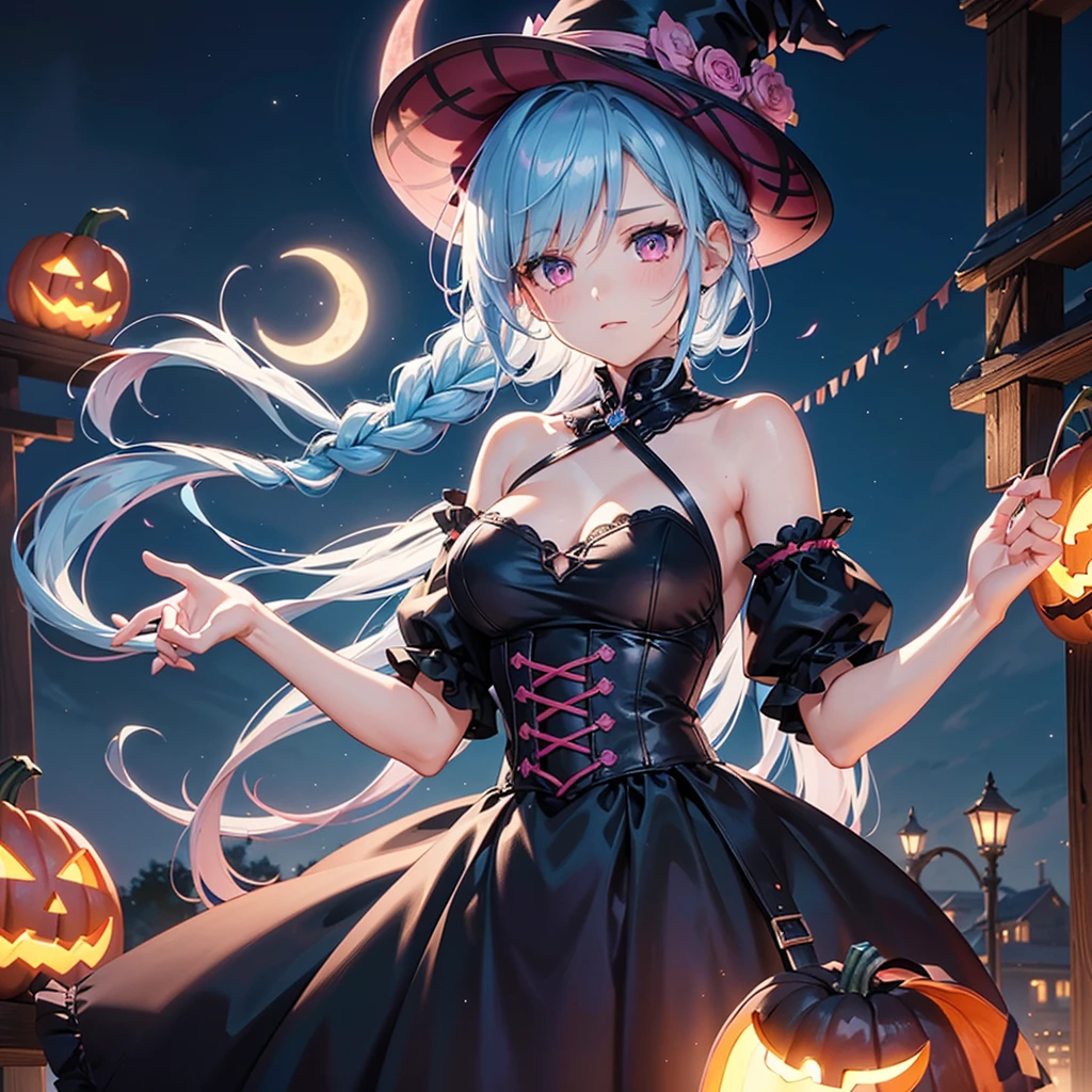 (Sky Blue Hair),(Braided medium hair:1.2), (Pink Eyes),Fair skin) ,(whole body),(One Girl),(Crescent Moon),(There are many pumpkin ghosts in the background),(If you don't give me sweets, I'll be mischievous.),Halloween Night Party),(masterpiece, Highest quality, Very detailed, Best Shadow), (Detailed Background), (Beautifully detailed face), High Contrast, (Best lighting, Very delicate and beautiful), ((Cinematic Light)), Hyper Detail,8k, Dramatic Light, Intricate details,Witch's Clothes,Magic broom,night,Bats flying in the background,