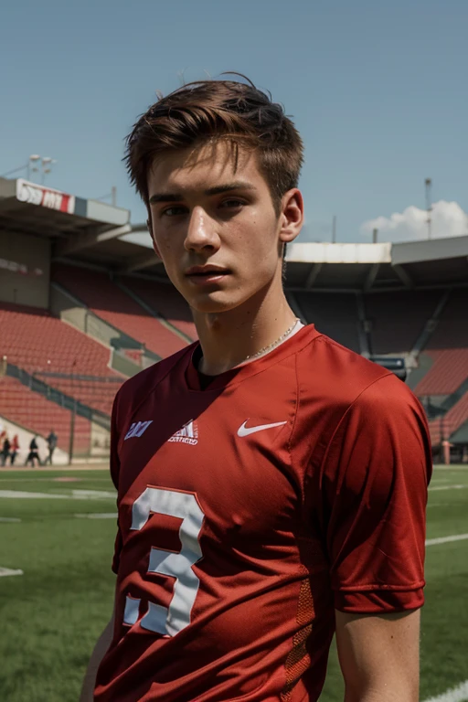 photo of a 20 year old man, skinny body  wearing a red jersey with short hair standing on a football field 