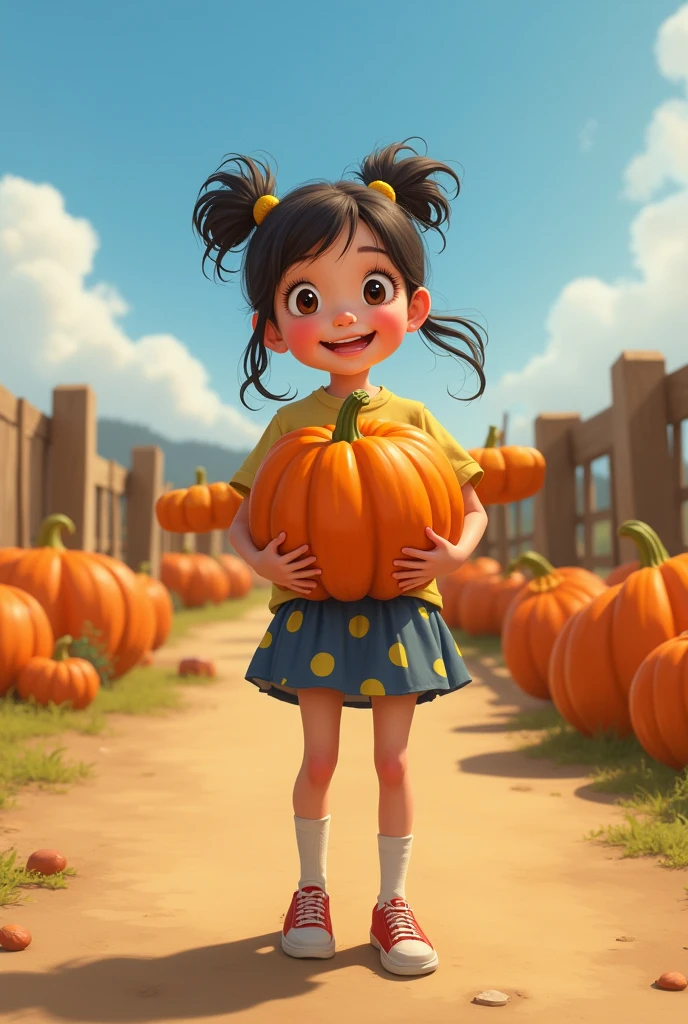 A girl,In the spacious farmyard,Background is fence,(((dishonesty)))Holding one(((Long pumpkin))),Very happy smile,Pixar style,Anime style