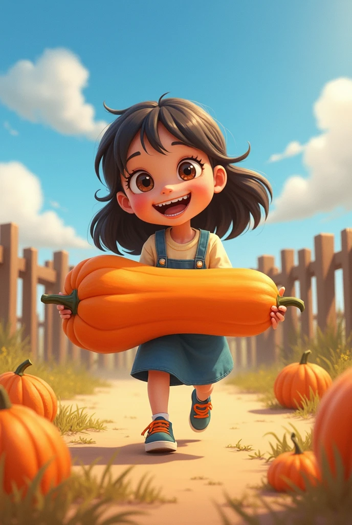 A girl,In the spacious farmyard,Background is fence,(((dishonesty)))Holding one(((Long pumpkin))),Very happy smile,Pixar style,Anime style