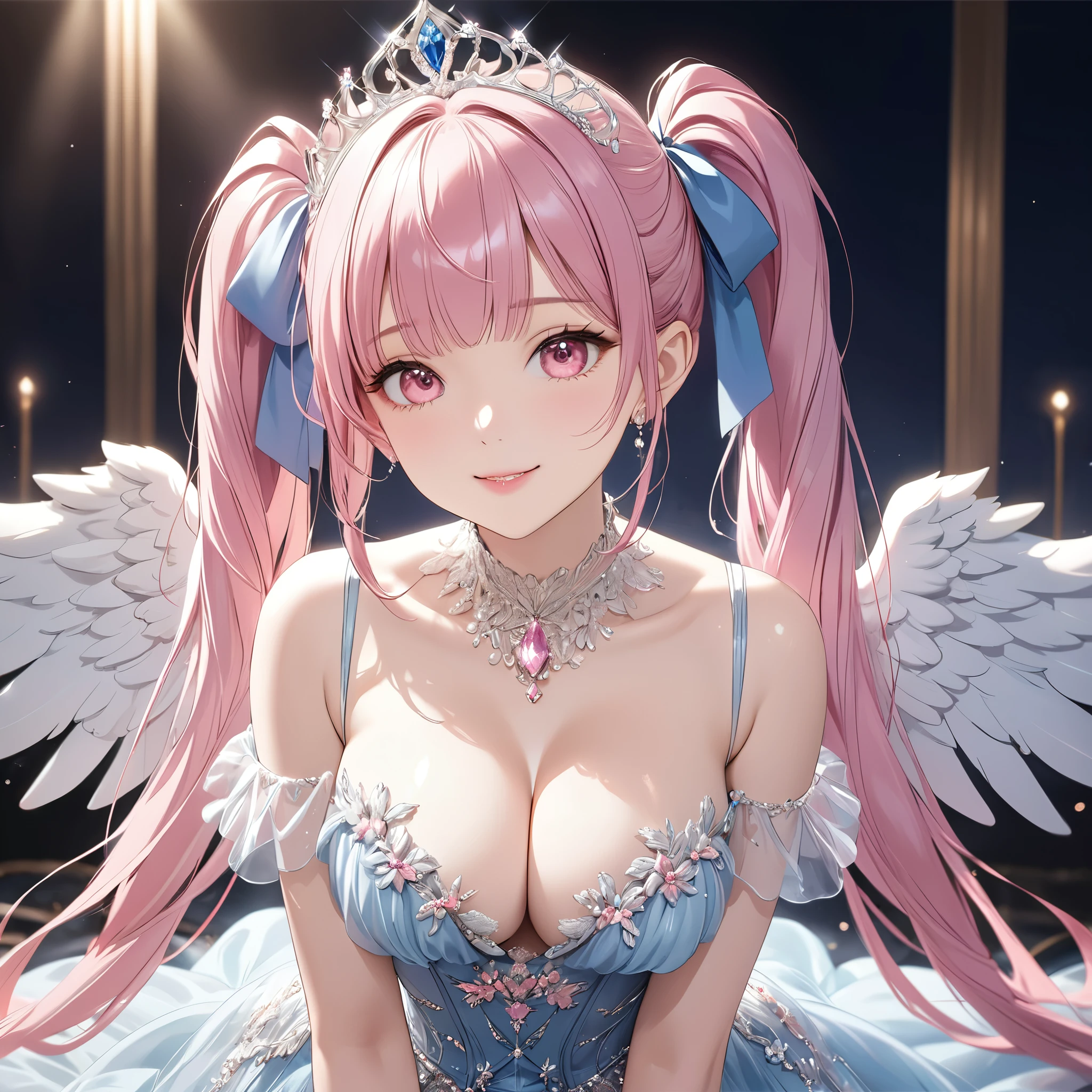 (8k, masutepiece, Best Quality, Official art, beautiful detailed, beautiful lighting, best masterpiece in history that exceeds limits), (1 Girl, solo), (sixteen years old), (beautiful detailed face), (shiny white skin), (Beautiful big bust, cleavage:1.2), (Beautiful detailed pink twintails hair, Bangs:1.3), (beautiful detailed drooping pink eyes:1.5), (Beautiful Luxurious blue Princess Dresses, See-through intricate lace, cute bow ribbon, a lot of see-through frill, sheer chiffon material, silver thread, Diamond, pearl, corset), (Beautiful Luxurious Diamonds Tiara), (happy smile:1.2), breathtaking scenery, (back, Attractive, looking back), (Beautiful fantastic angel wings, halo:1.3)