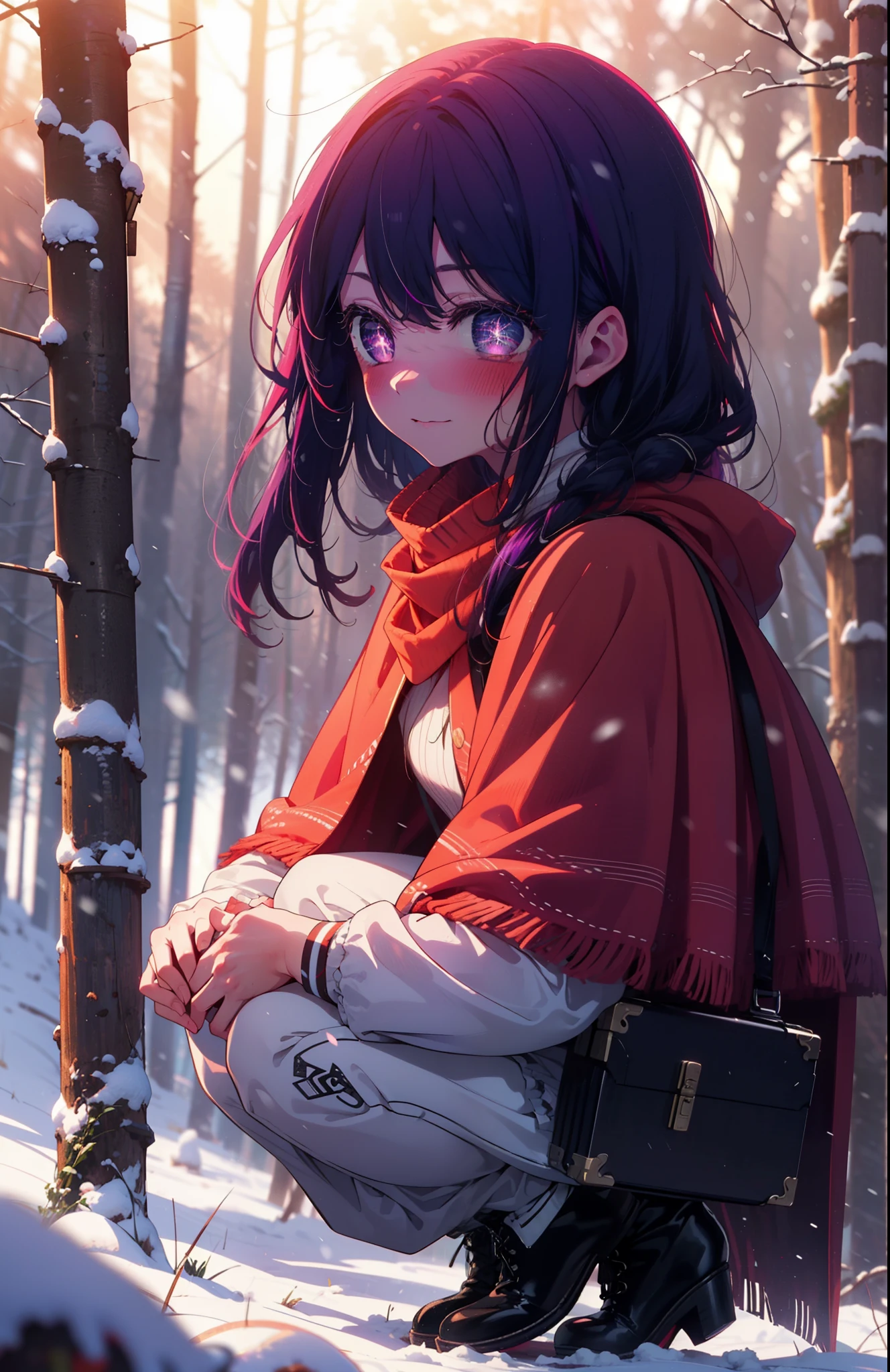 aihoshino, Ai Hoshino, Long Hair, bangs, (Purple eyes:1.1), Purple Hair, (Symbol-shaped pupil:1.5), smile,,smile,blush,white breath,
Open your mouth,snow,Ground bonfire, Outdoor, boots, snowing, From the side, wood, suitcase, Cape, Blurred, , forest, White handbag, nature, Squat, Mouth closed, Cape, winter, Written boundary depth, Black shoes, red Cape break looking at viewer, Upper Body, whole body, break Outdoor, forest, nature, break (masterpiece:1.2), Highest quality, High resolution, unity 8k wallpaper, (shape:0.8), (Beautiful and beautiful eyes:1.6), Highly detailed face, Perfect lighting, Highly detailed CG, (Perfect hands, Perfect Anatomy),