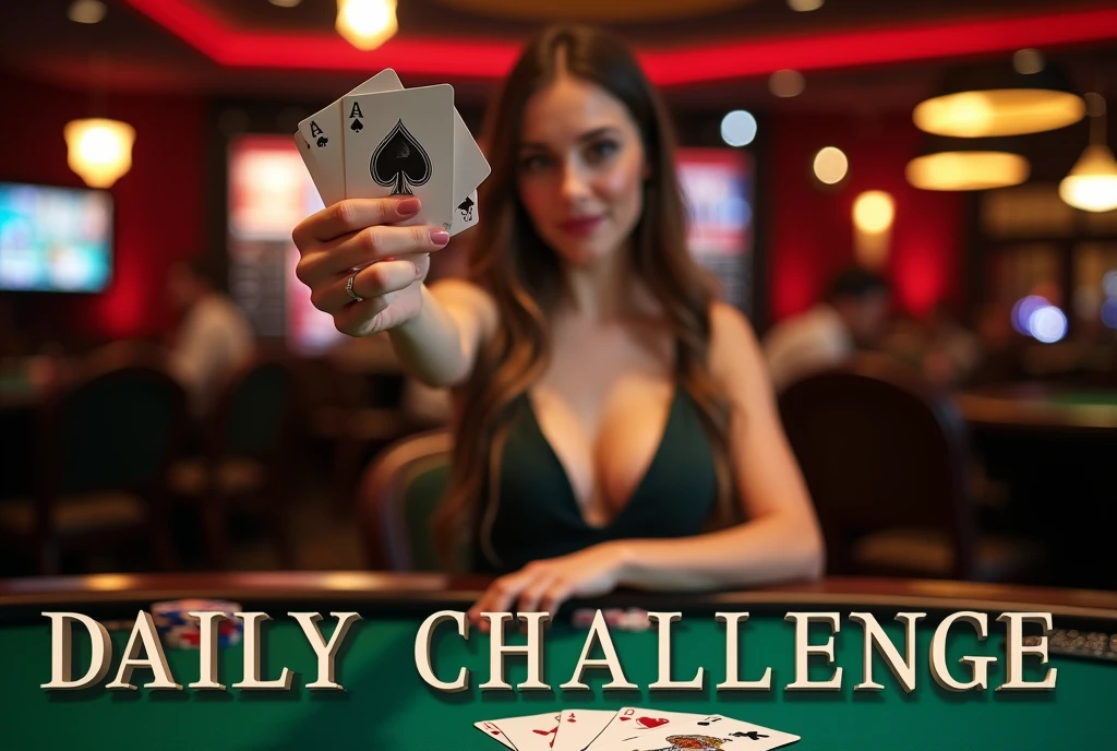 a female gambler in a casino, cleavage, The words "DAILY CHALLENGE" written in large letters at the bottom of the screen, someone holding a deck of cards in their hand and pointing at the camera, card game, playing cards, throwing cards in the air, holds playing cards, cards, cardistry, holding an ace card, holding ace card, poker card style, playing poker, wizard shuffling cards, trading card game, the card player man, good at cards, focus on card, 