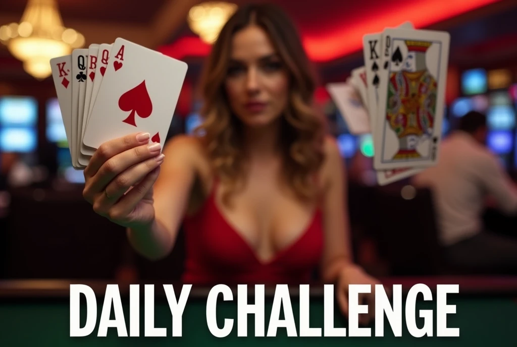 a female gambler in a casino, cleavage, The words "DAILY CHALLENGE" written in large letters at the bottom of the screen, someone holding a deck of cards in their hand and pointing at the camera, card game, playing cards, throwing cards in the air, holds playing cards, cards, cardistry, holding an ace card, holding ace card, poker card style, playing poker, wizard shuffling cards, trading card game, the card player man, good at cards, focus on card,