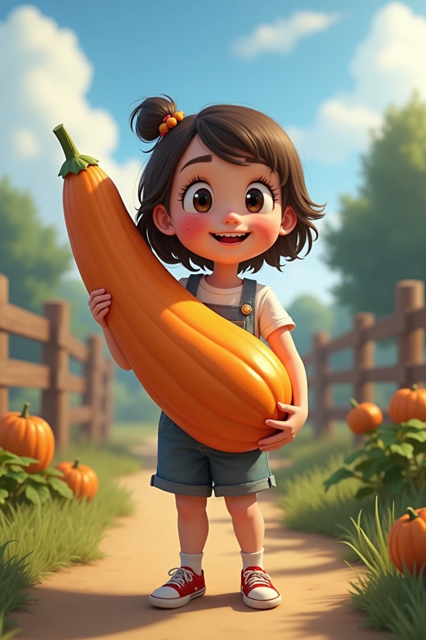 A girl,In the spacious farmyard,Background is fence,(((dishonesty)))Holding one(((Long pumpkin))),Very happy smile,Pixar style,Anime style
