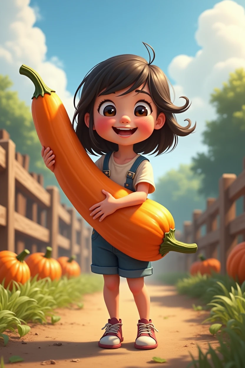 A girl,In the spacious farmyard,Background is fence,(((dishonesty)))Holding one(((Long pumpkin))),Very happy smile,Pixar style,Anime style