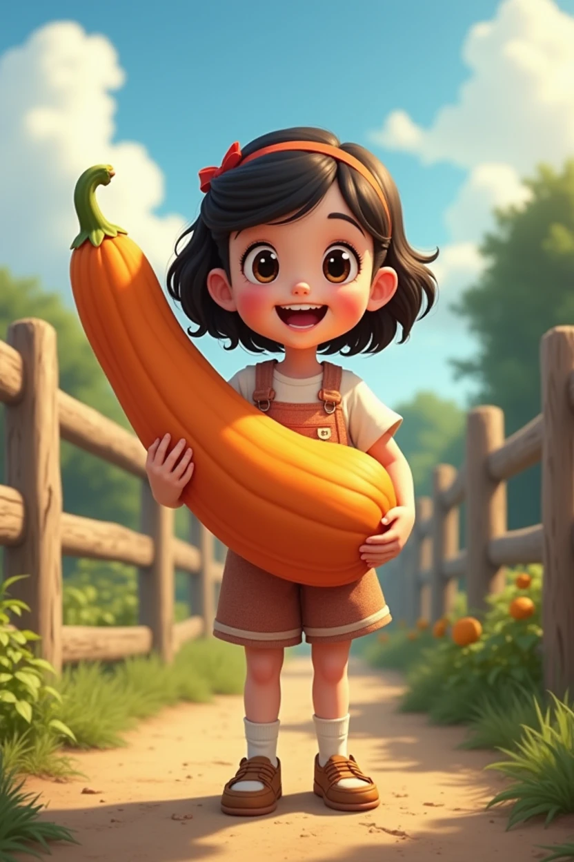 A girl，In the spacious farmyard，Background is fence，(((dishonesty)))Holding one(((Long pumpkin)))，Very happy smile，Pixar style，Anime style