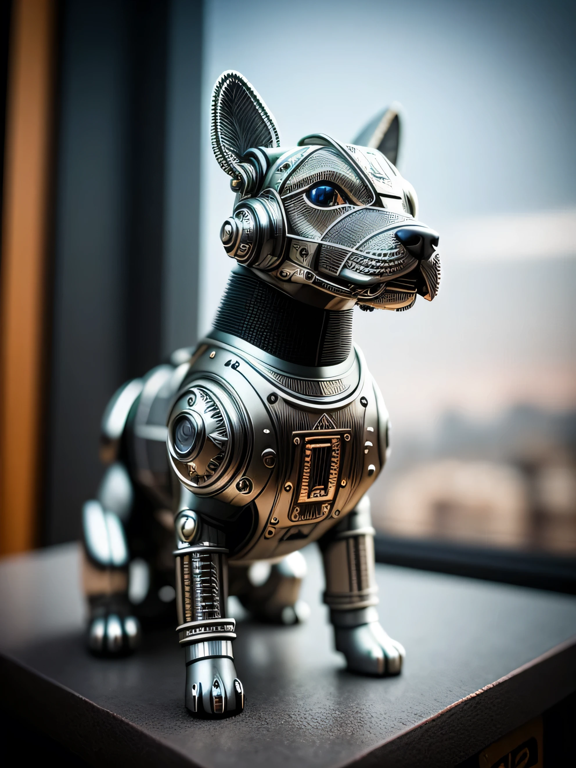 a cute dog made out of metal, (cyborg:1.1), ([tail | detailed wire]:1.3), (intricate details), hdr, (intricate details, hyperdetailed:1.2), cinematic shot, Vignette, centered