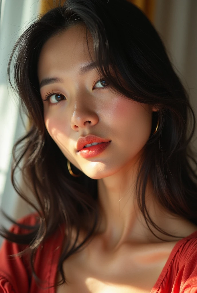 Japanese model poses for a selfie, in the style of social media influencers, webcam photography, Felicia Simion, photo taken with Provia, hinchel or, shiny