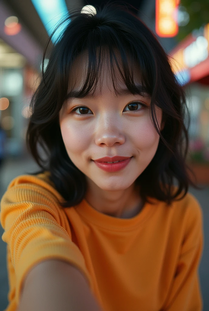 Japanese model poses for a selfie, in the style of social media influencers, webcam photography, Felicia Simion, photo taken with Provia, hinchel or, shiny