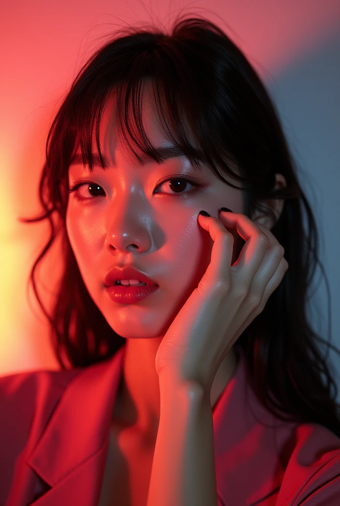 Japanese model poses for a selfie, in the style of social media influencers, webcam photography, Felicia Simion, photo taken with Provia, hinchel or, shiny