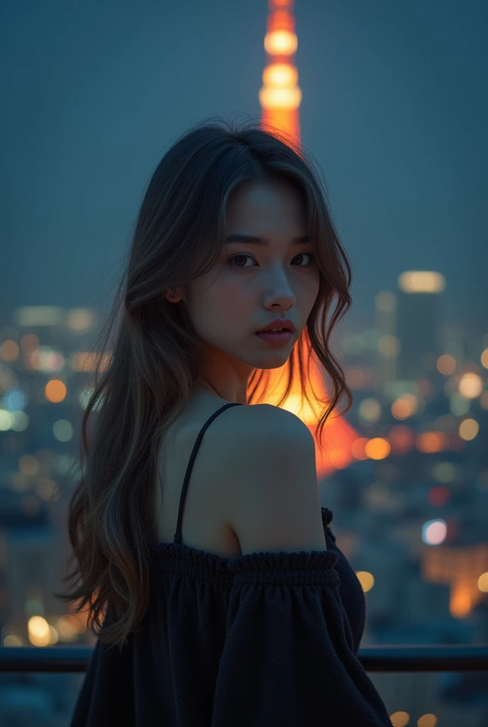 Beautiful girl stand near the Tokyo tower of Japan in night have light brown hairs art illusion 
