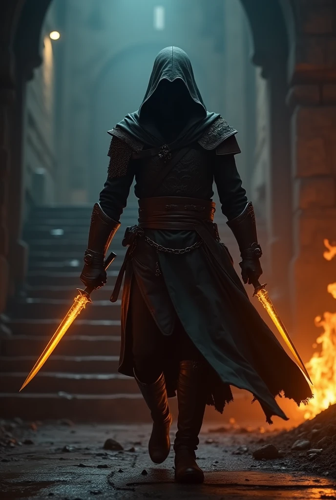 (masterpiece:1.2), (best quality:1.2), 8K, HDR, Extremely detailed, ((Reality)), Professional lighting, Movie Lighting, fashion photography, Ambient Lighting, background, dark的中世纪地牢, dark, epiC Photos, fire, stairs, Thief in cloth armor, Holding a golden dagger in each hand.