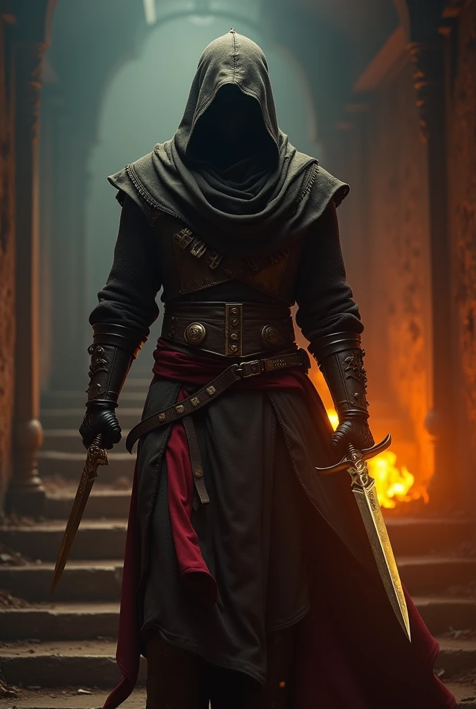 (masterpiece:1.2), (best quality:1.2), 8K, HDR, Extremely detailed, ((Reality)), Professional lighting, Movie Lighting, fashion photography, Ambient Lighting, background, dark的中世纪地牢, dark, epiC Photos, fire, stairs, Thief in cloth armor, Holding a golden dagger in each hand.