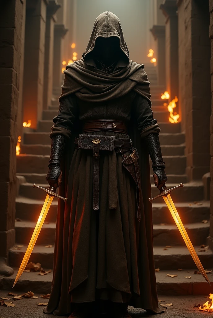 (masterpiece:1.2), (best quality:1.2), 8K, HDR, Extremely detailed, ((Reality)), Professional lighting, Movie Lighting, fashion photography, Ambient Lighting, background, dark的中世纪地牢, dark, epiC Photos, fire, stairs, Thief in cloth armor, Holding a golden dagger in each hand.