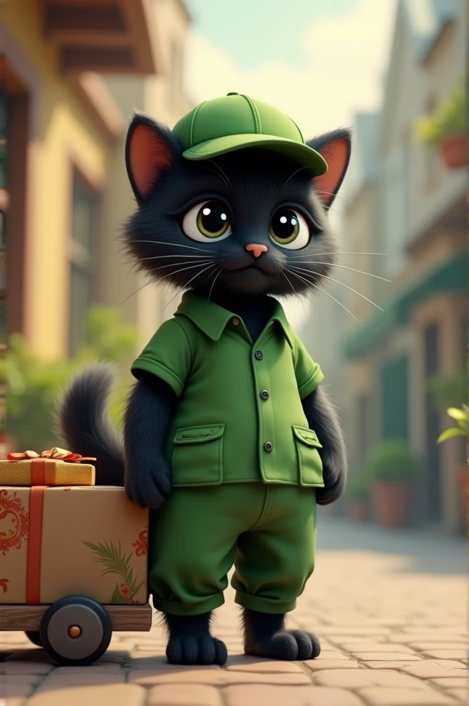 "A cute black cat wearing a green shirt, green pants, and a green baseball cap, standing up." Carrying parcels on a cart Full body