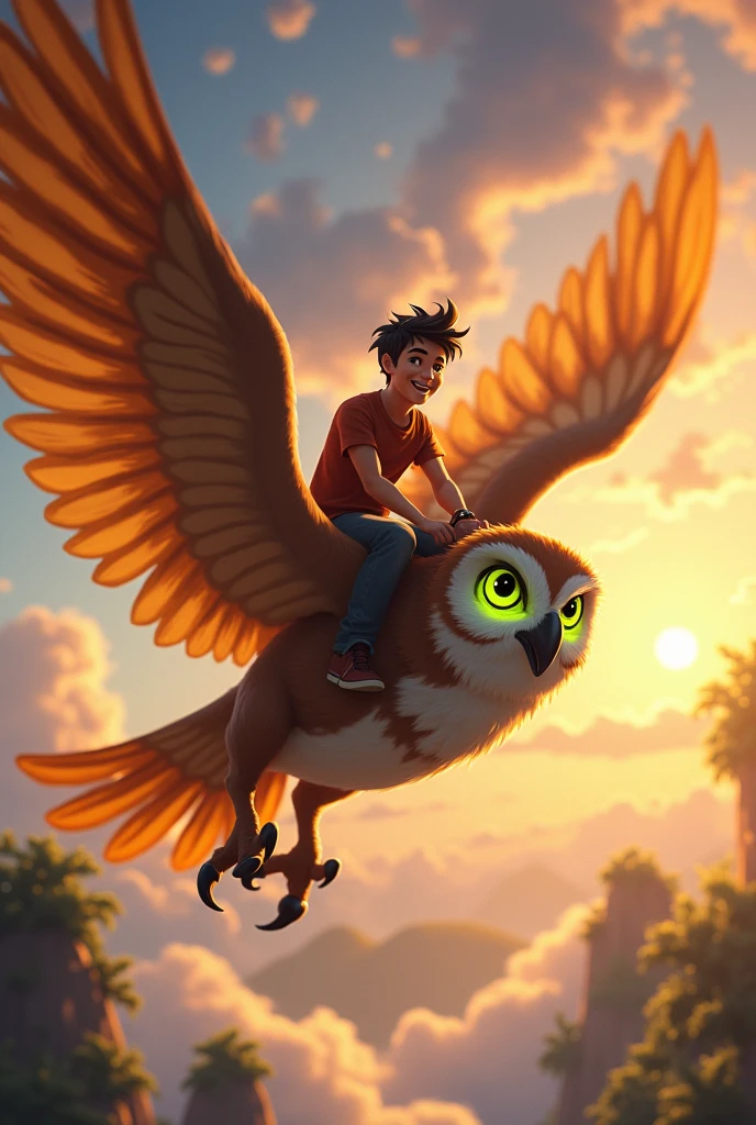 "A vibrant scene of a young man riding a large, majestic owl soaring through the sky. The owl has large, glowing green eyes and beautifully detailed brown feathers with golden highlights, as it flies over a landscape of floating islands bathed in warm sunset light. The man is joyful, with a wide smile, and an arrow points toward him, emphasizing his presence. The background features a dreamy sky with scattered clouds and distant floating islands, creating a sense of adventure and fantasy."