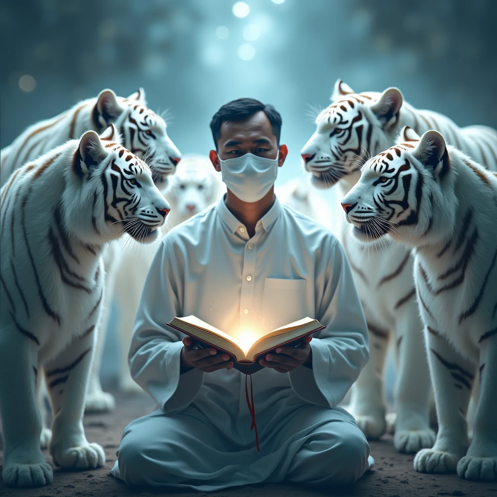Indonesian man wearing a face mask holding a Quran with divine light surrounding him along with several shining white tigers