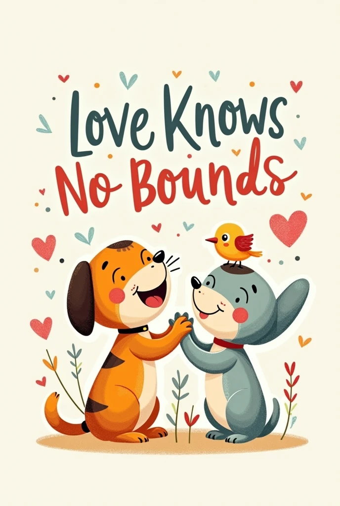 Create a design featuring a whimsical illustration of various animals—such as a cat, dog, bunny, and bird—interacting in a joyful, harmonious scene. Incorporate the phrase 'Love Knows No Bounds' in a playful, hand-lettered style. Use vibrant colors and ensure the animals’ expressions convey happiness and companionship