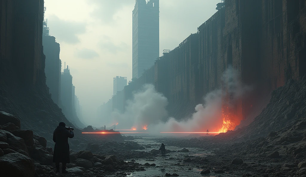 masterpiece:1.2), (best quality:1.2), 8K, HDR, Extremely detailed, ((Reality)), Professional lighting, Movie Lighting, fashion photography, Ambient Lighting, background, Daytime, epiC Photos, flame，City Wall， Broken earth，laser，smoke，很有冲击感的background
