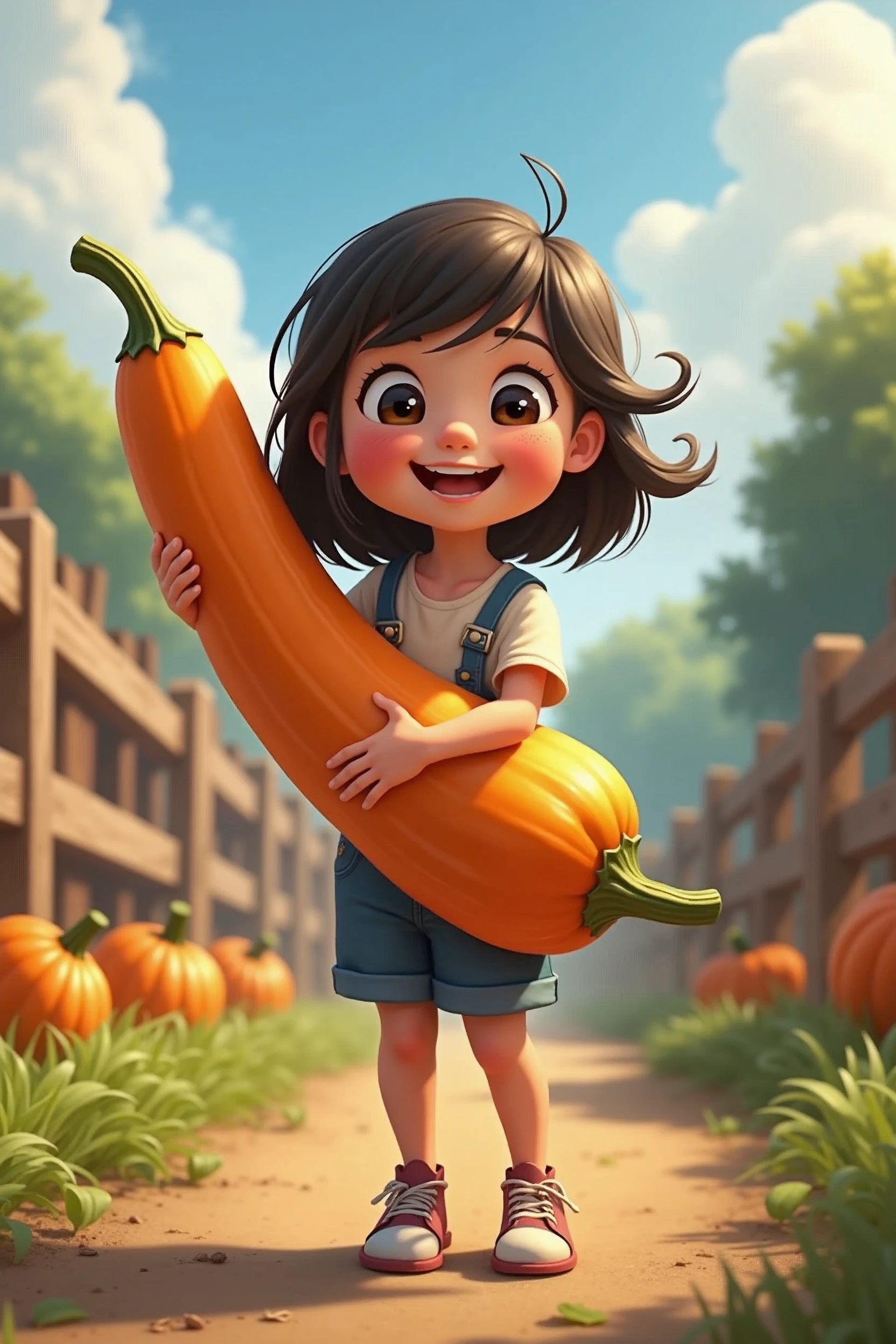 A girl，In the spacious farmyard，Background is fence，(((dishonesty)))Holding one(((Long pumpkin)))，Very happy smile，Pixar style，Anime style