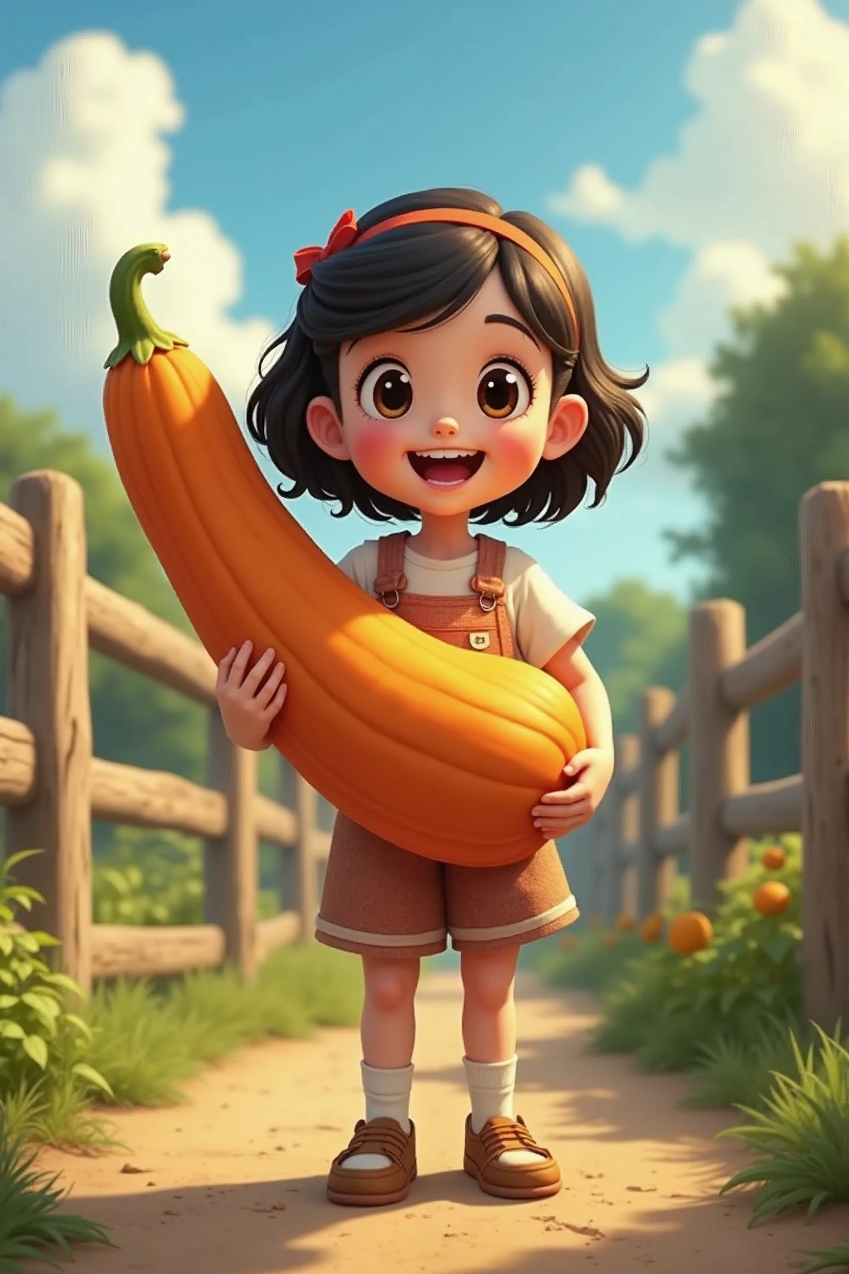 A girl，In the spacious farmyard，Background is fence，(((dishonesty)))Holding one(((Long pumpkin)))，Very happy smile，Pixar style，Anime style