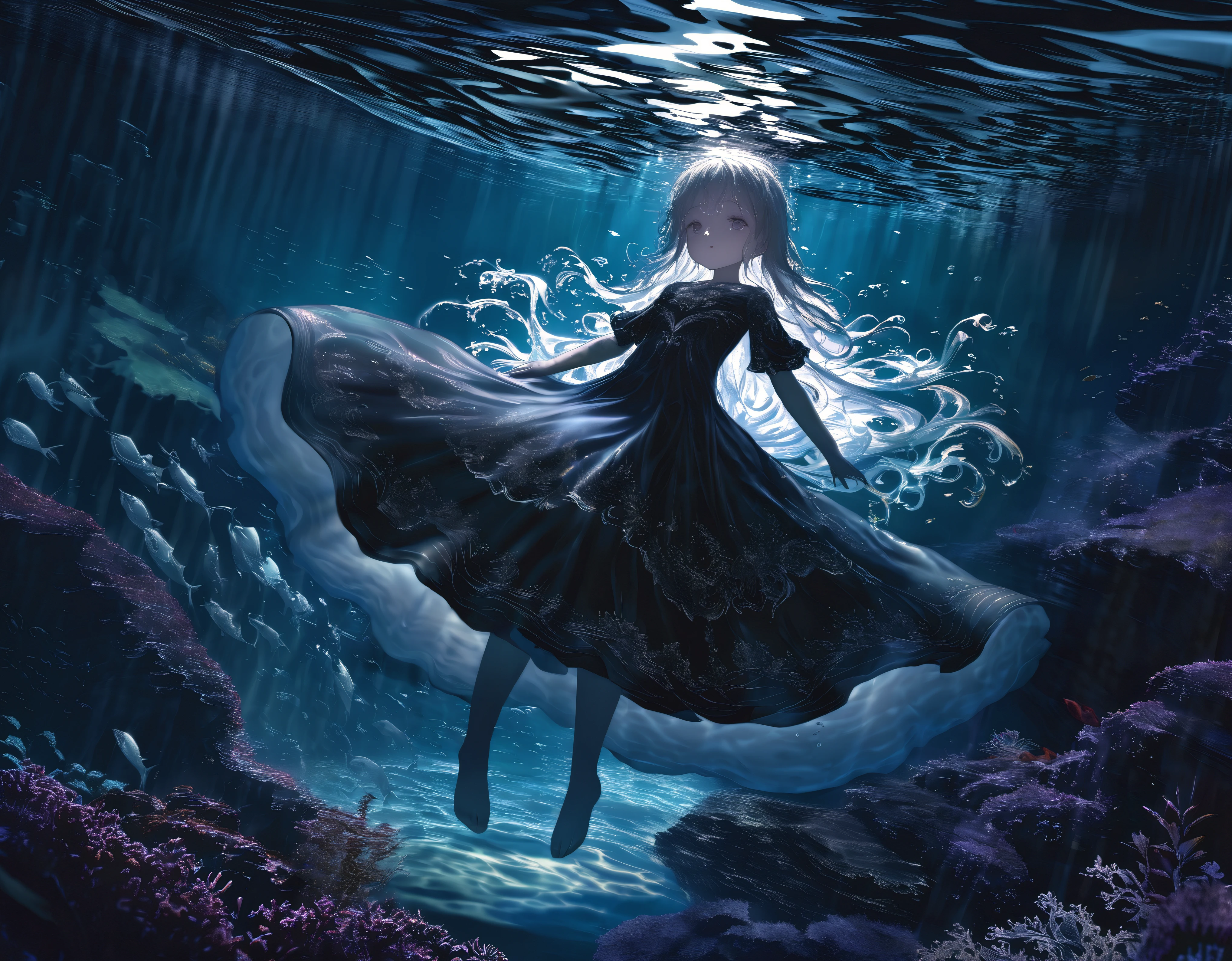 (full body), (solo), (A 7-year-old girl:1.2), (very young little girl), loli, (Solo), (small breast), (wide angle), raw photo, Aesthetic, Convoluted, Awarded, chiaroscuro, Best Quality, Detailed background, (underwater atmosphere:1.2), (underwater photo, floating drowning:1.1), ((Girl in very long black dress:1.2)), (very wet dress:1.1), detailxl, As the tempest rages overhead, the world is painted in a monochrome dance of silver and darkness, the rain a relentless symphony of nature's power. Amidst this deluge, a young girl emerges, her silhouette a stark contrast to the storm's fury. She is adorned in a black sheer transparent long skirt, a garment that whispers of mystery and allure.
Submerged in the water, the skirt takes on a life of its own, a dark, flowing silhouette that moves with the grace and fluidity of the deep. The black fabric, once a stark contrast to the world above, now becomes a part of the underwater realm, its transparency allowing the subtle play of light to filter through, casting shadows and highlights that dance around the girl.
The skirt's transparency allows the water to become a second layer of the garment, the fabric clinging to her form like a second skin, revealing and concealing in equal measure. The darkness of the fabric contrasts with the clarity of the water, creating a visual illusion of depth and dimension that adds to the skirt's allure.
As the skirt moves with the water, it creates a sense of motion and flow, the fabric rippling and swirling around her like a dark current. The hem of the skirt sways gently, brushing against the underwater terrain, leaving a trail of disturbed sediment in its wake, a testament to the skirt's passage through the depths.
The black sheer fabric is adorned with subtle details that become more pronounced underwater. Perhaps there are delicate patterns or embroidery that shimmer in the refracted light, adding a touch of elegance and sophistication to the skirt. These details are like hidden treas