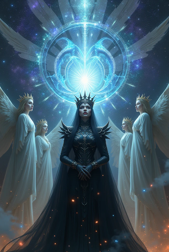Black Queen surrounded by divine and angelic beings receiving power from the universe through a multidimensional portal