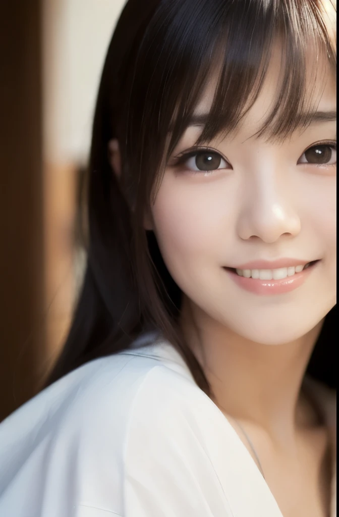 best quality, face focus, soft light, ultra high res, (photorealistic:1.4), RAW photo,(Shinozaki Ai), white skin, kawaii, 1 Japanese girl, solo, cute, (smile), (pupil, lights in the eyes),  detailed beautiful face, Medium-sized breasts,(high resolution detail of human skin texture),(long hair),(portrait), upper body, white traditional kimono
