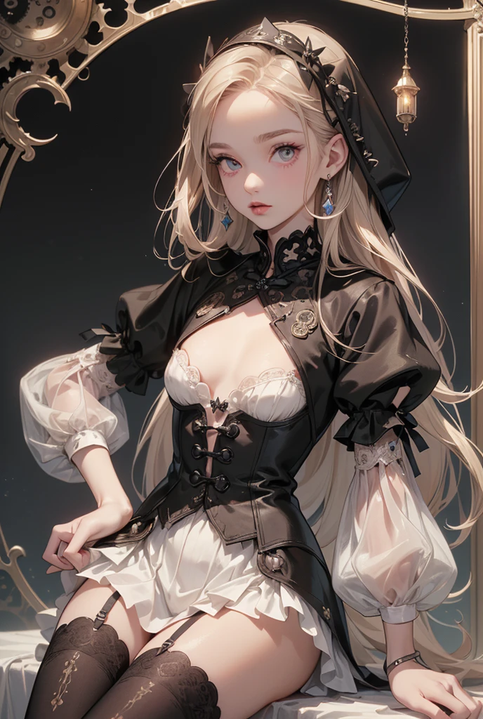 (((masterpiece, of the highest quality, super detailed))), 1girl, (big forhead:1.2),extremely detailed cute anime face, (((flat chest))), (flat chest:1.1),((((long twin braids,tight braids,long braid,braided hair,long hair)))), long hair, red hair, white hair, blonde hair, dark hair, ponytail, thick ponytail, heavy ponytail, (a female knight of an occult order), (an occult saint), (combat pose), (ready for combat), (resolved expression), (resolute expression), (((a beautifully intricate ornate sword floating next to her))), Edwardian/Victorian era inspired, ((minimal but intricate beautiful armour)), ((Fluttering lace flared dress with frilly petticoats)), ((((Highly detailed face))), (((Very sharp focused eyes))), very long eyelashes, ((small breasts)), (((flat chest:1.1))), occult aesthetic, (red and white clothing detailed and intricate steampunk and detailed gothic), (with a hood), complex lace boots, (full body),