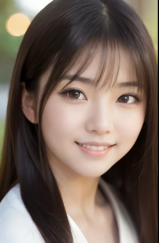 best quality, face focus, soft light, ultra high res, (photorealistic:1.4), RAW photo,(Shinozaki Ai), white skin, kawaii, 1 Japanese girl, solo, cute, (smile), (pupil, lights in the eyes), detailed beautiful face, Medium-sized breasts,(high resolution detail of human skin texture),(long hair),(portrait), upper body, white traditional kimono
