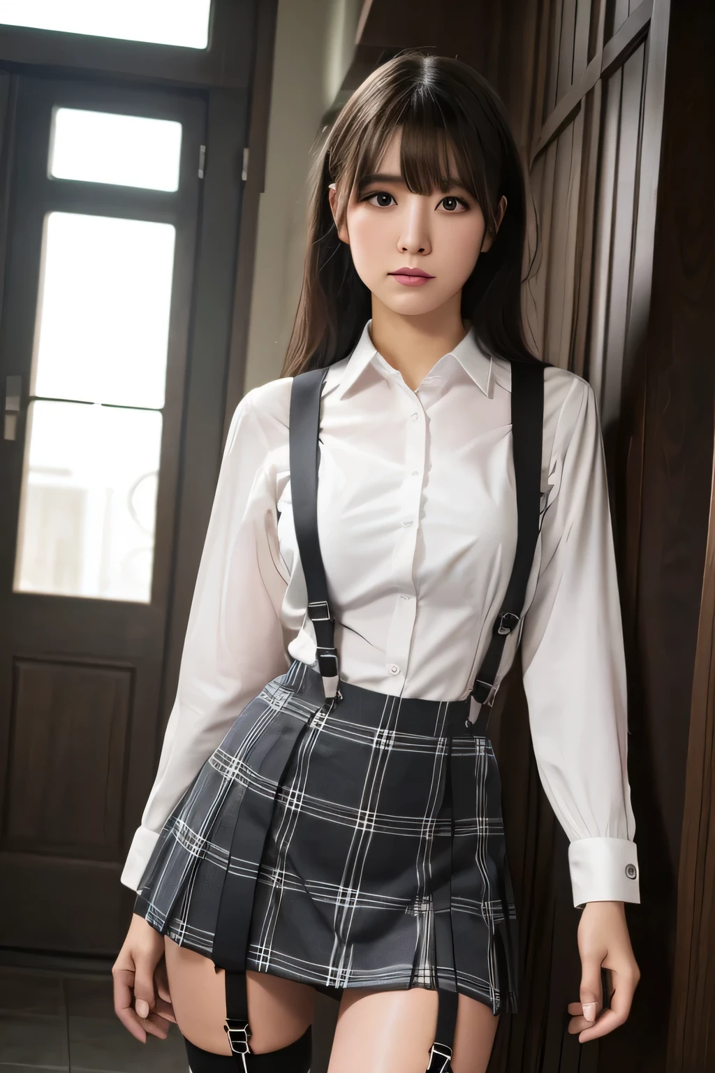 1 female, , high quality, masterpiece, Ultra-high resolution, Cinema Lighting, 1 female, , high quality, masterpiece, Ultra-high resolution, , Cinema Lighting, suspenders　　　Moderate breasts　 　 　　　　　 　　　　Small face　 　　　　　　　　　　　Looking up　　　　Sweat 　　　Thin belt　buzzer　脇Sweat 　　　　 　garter belt　　Belt on pants　　holster　 　　Hands behind your back　 　Looking up　Anxious face　Knee-high　Knee socks　Knee-highソックス 　garter　ふとももにgarter belt　Checkered mini skirt　 　　Panty shot　Skirt gap Armament　　　holster　holster 　　Hands behind your back　 Anxious expression　　Anxious face, legs apart　Armament　　Leg Holster　holster　See-through clothing　heavy rain　Rain-soaked dress shirt,Moderate breasts　ガーターbelt　suspenders　Garter on the thigh　Checkered mini skirt　Looking up　Pause　belt　Armpit sweat　Hands behind back　Raise your hands