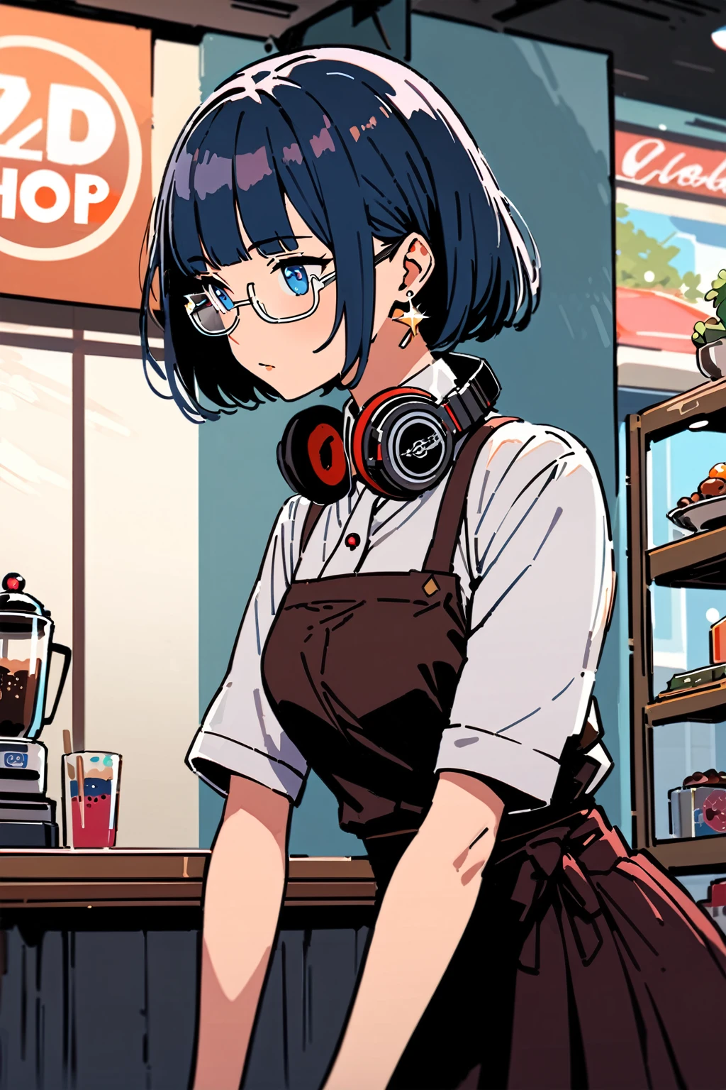 ((top-quality)), ((masterpiece)), ((ultra-detailliert)), (extremely detailed fine touch:1.3), (2D:1.3), solo, 1girl, waitress, (((semi-rimless sparkling eyewear:1.3))), (headphone around neck:1.2), sparkling earrings, bedroom eyes, short hair, messy hair, blunt bangs, traditional hakama, extremely detailed retro coffee shop,