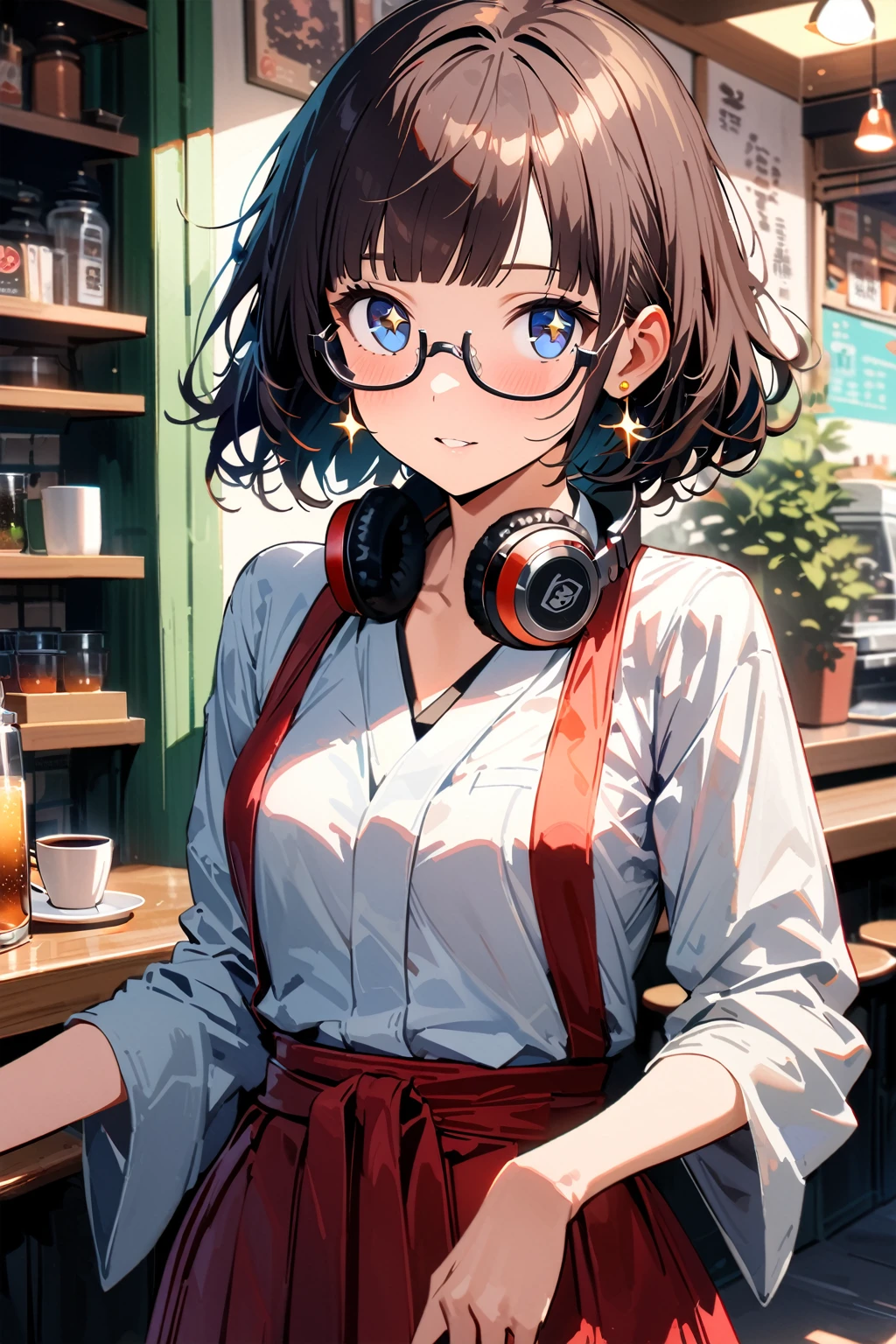 ((top-quality)), ((​masterpiece)), ((ultra-detailliert)), (extremely detailed fine touch:1.3), (2D:1.3), solo, 1girl, waitress, (((semi-rimless sparkling eyewear:1.3))), (headphone around neck:1.2), sparkling earrings, bedroom eyes, short hair, messy hair, blunt bangs, traditional hakama, extremely detailed retro coffee shop,