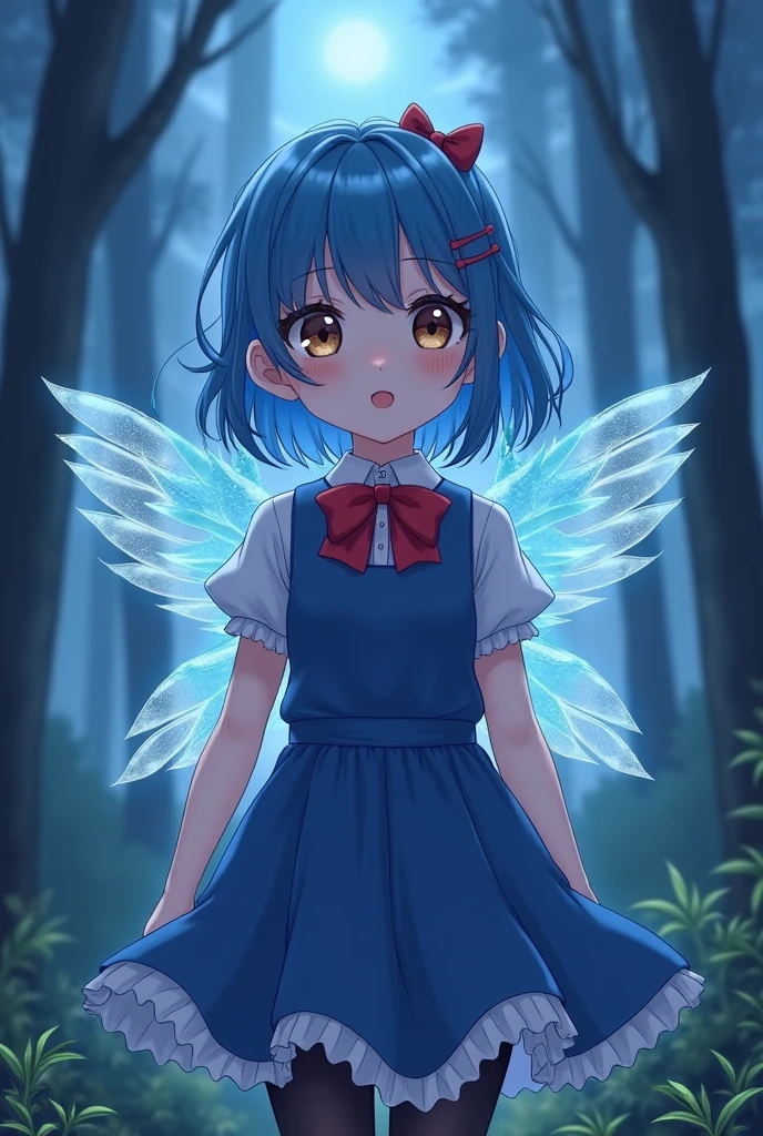 1 girl,cute,(View your viewers:1.0), (((Adorabel's Girl,)))cute face,detaileds sky,good looking,young,juvenile,((masterpiece:1.4,Highest quality)),multiple detaileds,eye shadow,software, (Medium Shot:1.5),
(((Gradient eyes))), Hazel Eyes, (Long black lycra pantyhose:1)
roller:addition_detailed:0.8>, forest, (night:1.2)
Blue Hair,Hair Ribbon,(Blue clothes:1.4),Short sleeve, (((Wings of Ice,Red bow tie,cirno)))